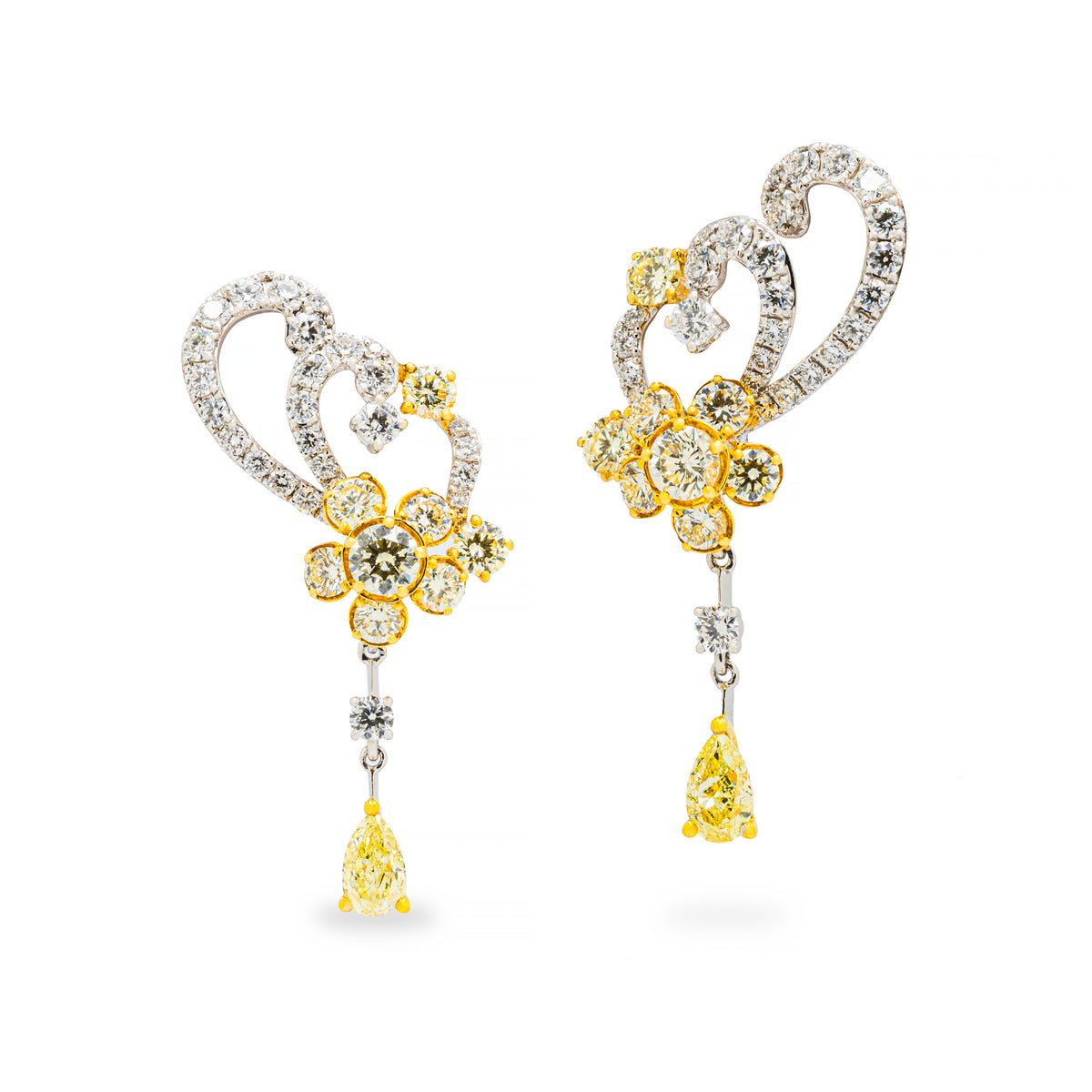 Fancy Yellow & White Diamond Drop Earring, 18k White Gold
